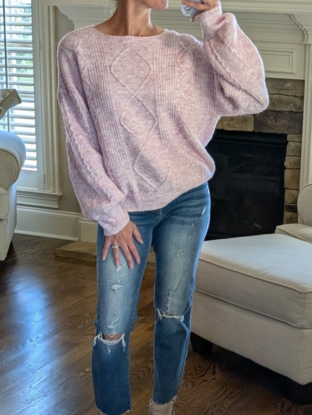 Size Small Oversized Cozy Cable Knit Balloon Sleeve Sweater - Pink